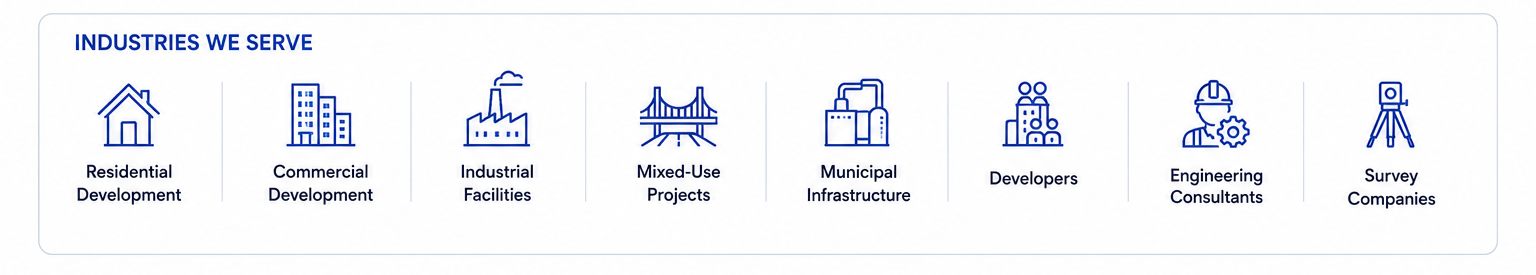 Industries We Serve — Residential Developments, Commercial Developments, Industrial Facilities, Mixed-Use Developments, Municipal Infrastructure, Engineering Consultants, Developers, Survey Companies